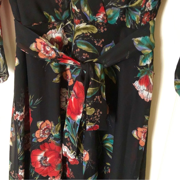 Black Red Dark Floral Chiffon 3/4 Long Sleeve Maxi Dress 6 - Picture 9 of 16